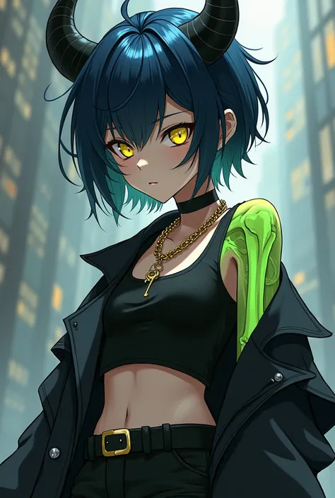 Anime girl with indigo pixie cut hair, yellow eyes, curved black horns, black trench coat, black crop top, gold chain necklace with key, green see through left arm with bones