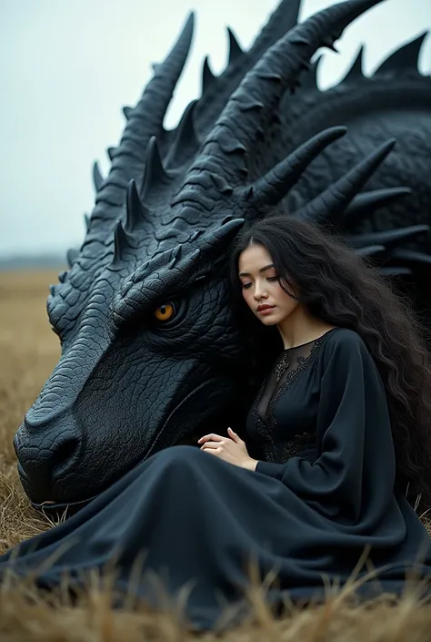 Une immense tête de dragon noir  et a la peau soyeuse  posée sur le sol et tout contre lui de manière affectueuse une femme aux longs cheveux noirs ondulés 