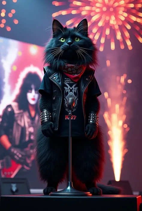 ((hyperrealism)), Cat breed Meane Coon , Standing like people ,  singing on a microphone with a pedestal ,  with very long hair and color black, bandana on the head, roupa hard rock, a leather vest and underneath a black t-shirt with a band print (KISS),  ...