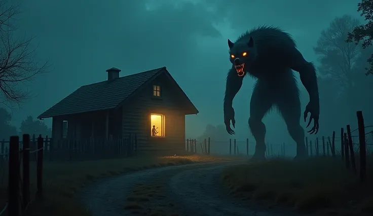 A terrifying night scene in a rural setting during the 1980s. A small wooden house surrounded by a fence, with a faint light coming from the window. Outside, a menacing werewolf-like creature with glowing eyes lurks near the house. The frightened family is...