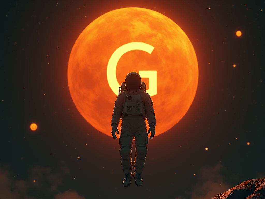 astronaut in space floating and feeling the gravity of an orange planet, planet which has a giant G in the middle with the Montserrat fountain