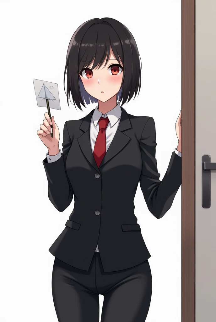 
 anime woman in a black business suit with a white shirt,  black hair bob and red eyes caught a paper plane with her hand,  pencil with his lips on a white background, holds the door and goes to the office 