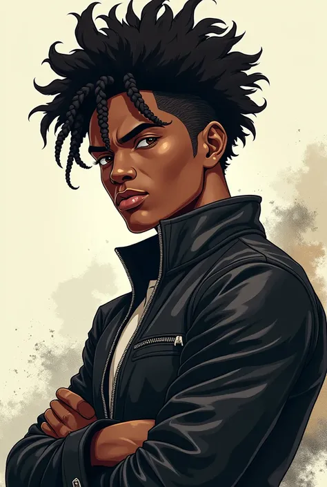 Afro male anime character with braids and leather jacket