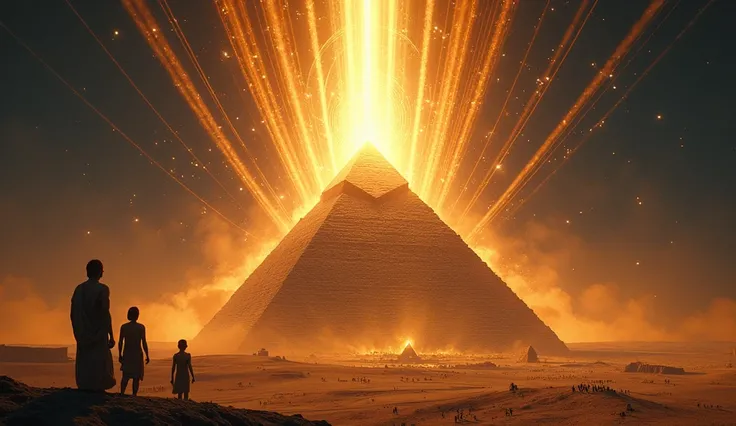 A surreal artistic representation of the Great Pyramid emitting a mysterious glowing energy beam into the night sky, surrounded by swirling electromagnetic waves, with ancient Egyptians looking in awe, suggesting an advanced unknown technology.