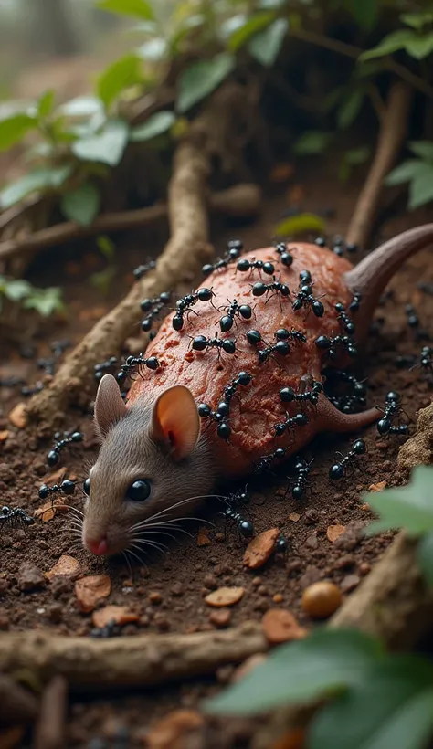 group of ants on top of a dead mouse