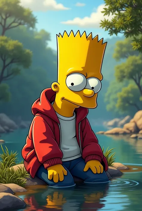 Believe me images of Bart Simpson sad and thoughtful on the banks of a beautiful river wearing Simpson wearing a white t-shirt with a very beautiful red sweatshirt