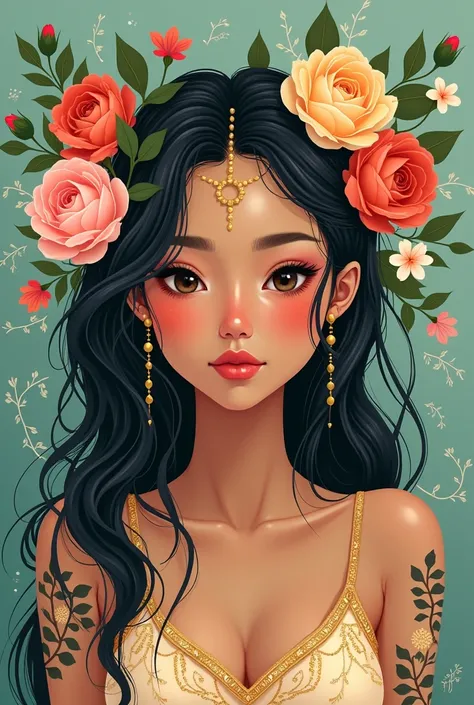  Flower girl
Fantasy portrait featuring an Indonesian woman with big, expressive eyes . Her skin is like a beautiful brown , dengan keredan halus di pipinya dan bibir keredan.  Dark hair and flowing edgy with soft highlights cascading around her ,  intertw...