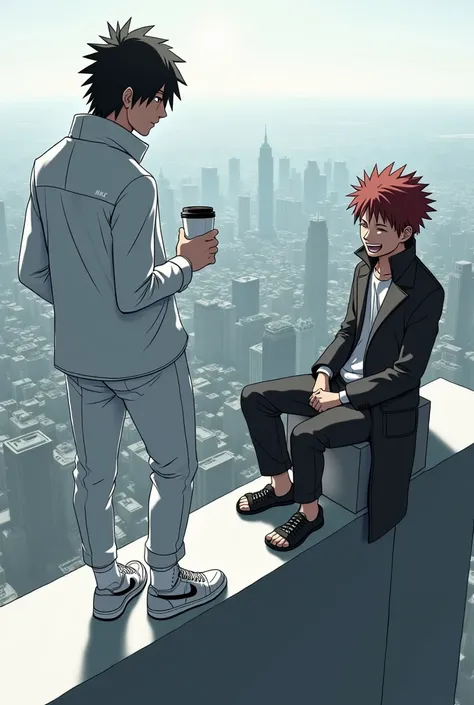 Sasuke wearing a white Nike jacket and a white suit with white Air Jordan sneakers and with Naruto laughing and wearing a high school coat 
Black suit holding a cup of coffee and the two of them sitting on top of a building 