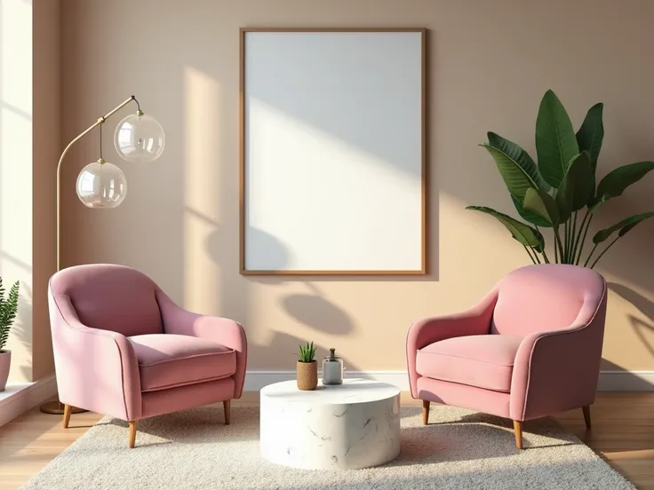 Modern living room, pink velvet armchairs, minimalist design, white marble coffee table, gold floor lamp, spherical glass lampshades, framed wall art mockup, potted plant, beige walls, plush area rug, cozy interior, soft lighting, contemporary decor, styli...