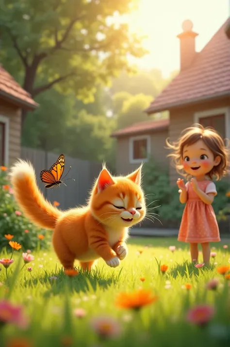 A sunny yard with a playful, chubby orange cat chasing a butterfly. A young girl watches, laughing and clapping joyfully.”