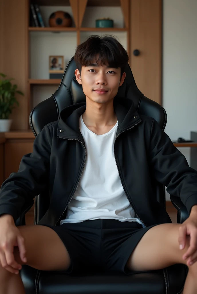 ( high quality , 4k, hdr)  A handsome young Indonesian man, 20 years old,  with a typical Indonesian skin tone, with bangs ,  wearing a white t-shirt with the outside of a black jacket and black shorts, sitting on a gaming chair in his room ,  opened wide ...