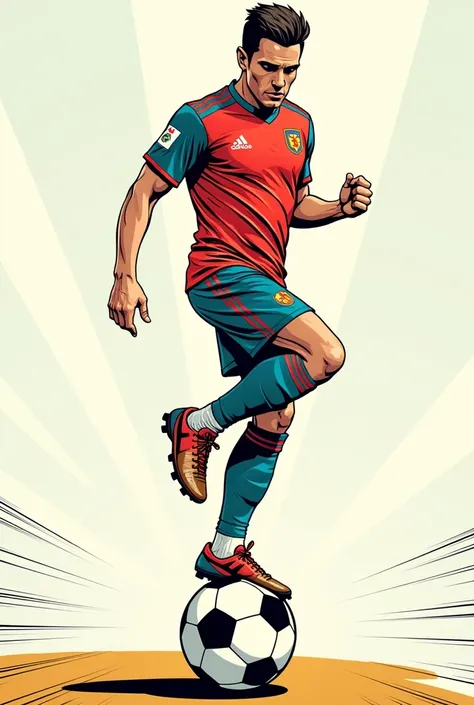 a drawing, comic style of a soccer player standing at the same time with both feet on the ball