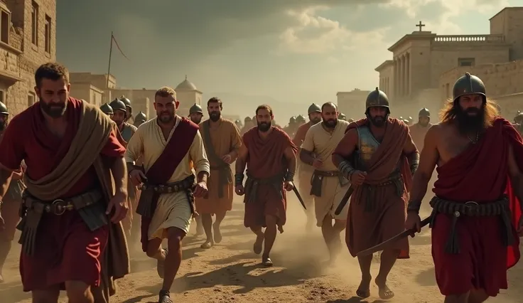 A dramatic scene of Christian people being persecuted by Roman soldiers. The Christians, dressed in simple tunics, are running in fear through a desolate landscape as Roman soldiers, in full armor, chase them. The soldiers’ faces show anger and determinati...