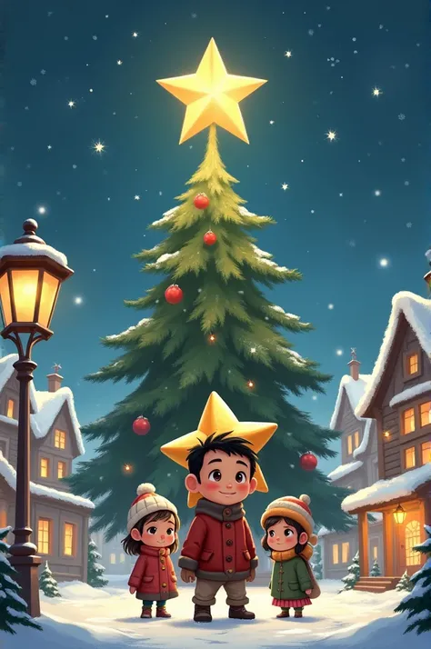 A Christmas image with the following characters: Nico Niño, the main character wears a big star, a boy and two girls are all in a village and behind a big Christmas tree without a star, boys. 
