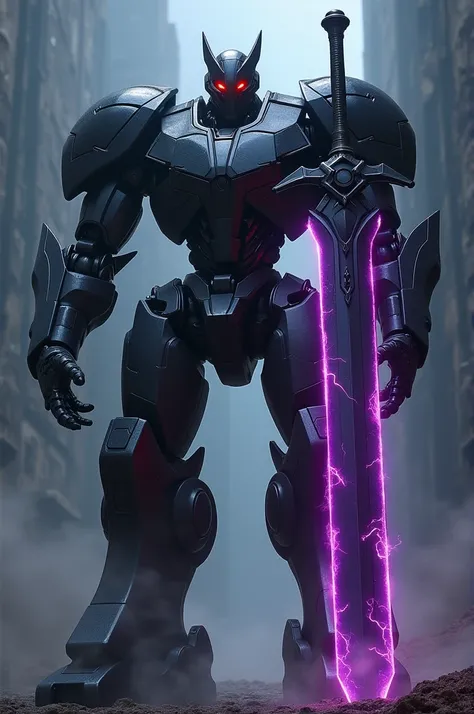 Giant black robot with a purple sword with red eyes.