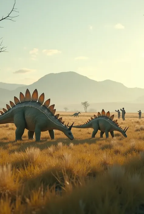 "
"A family of Stegosaurus grazing peacefully in a vast open plain, with a few humans observing from a distance with binoculars, morning, humans in casual clothing, grasslands with scattered trees and a distant mountain range, the Stegosaurus plates glowin...