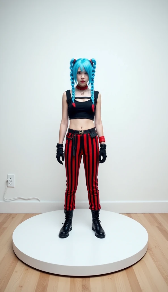 a character standing on a white circular platform in a minimalist indoor setting. The character has bright blue braided hair, red and black striped pants, and a black cropped top with various accessories, including gloves and boots. The room is plain, with...