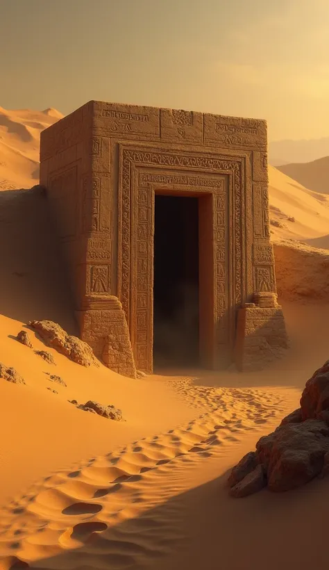 A mysterious ancient Egyptian tomb surrounded by sand and shadows, with intricate hieroglyphics glowing faintly on its walls. The atmosphere is eerie, with dim torchlight flickering in the background.