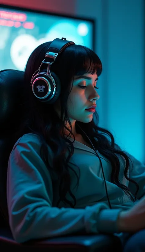   Young Latina woman    , 25 , years ,black hair ,long, Android ,hair ,beautiful ,  short   , robot parts ,  sitting in an armchair with a helmet on her head, and visor and cables connected to a computer ,asleep , at night , neon lights and screens 