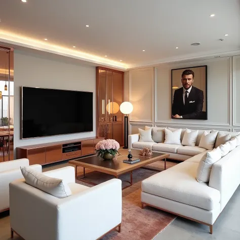 A photo of a large, modern London style living room with rose gold accents. The room has a large, modern TV on a rose gold stand with esoteric arrangements. There is a rose gold L-shaped sofa with white cushions and two white armchairs. The room also has a...