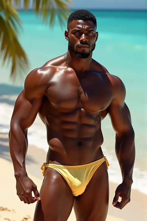 An extremely handsome African-American man that is masculine wearing a thong at the beach realistic