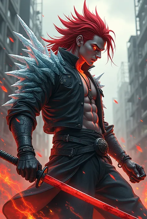 man,katana,war,art like naruto,anime 2D,half lava and half ice effect in the body,half red half silver mullet hair,red eyes,bloody,wearing cyberpunk clothes,full body,side profil,