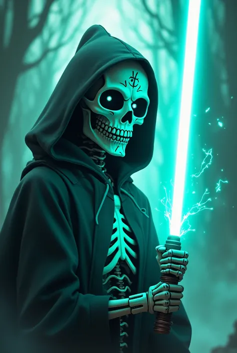  Create an image of Sans from Undertale+Blue-green lightsabre +máscara de blasphemous 