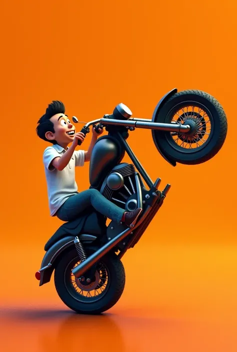 Generate template ,  orange background with black and white animated man riding a cross motorcycle on the rear wheel