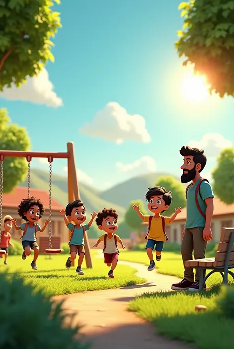 3D animated scene of the completed orphanage with smiling 4 ren playing together on swings and 5 ren running on a green field. Ahmad with beard is standing near a small bench, watching the ren with a satisfied and joyful expression. Sunlight enhances the b...