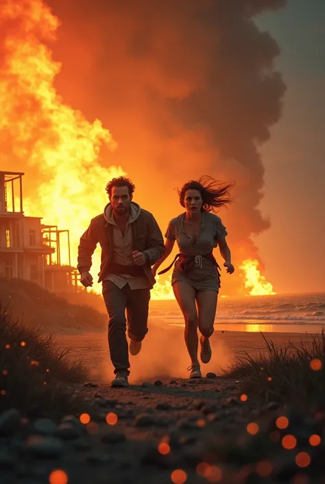 A town on fire with sea next to it and two people in torn clothes running away