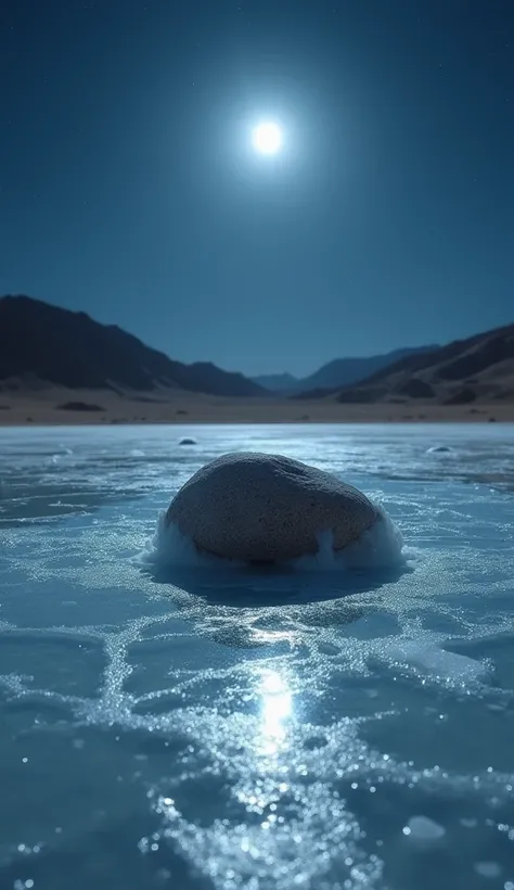 A close-up of a desert lakebed at night, covered with thin, glistening layers of ice under a moonlit sky. A rock sits in the foreground, leaving a faint trail in the icy surface as if it moved on its own.
