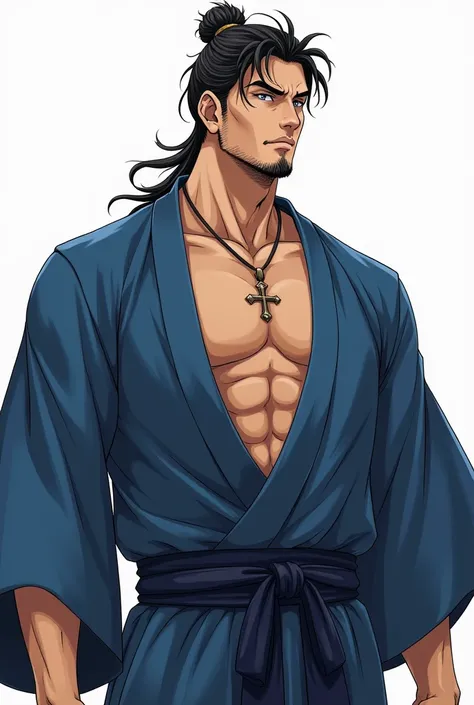 The man in the picture is tall, muscular, and well-proportioned. He wears a blue kimono that doesnt cover his upper chest and a necklace with a cross pendant. He has long hair that is tied loosely behind his back, and he has a beard that makes him look lik...