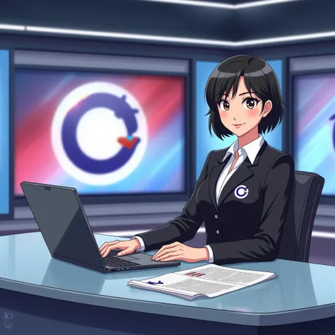 A 35 year old animated short-haired female news anchor is sitting on the right side of the news channel desk with a laptop and newspaper.  Wearing a black suit and white shirt, and the shirt has the channel name . The Daily News background has a back scree...