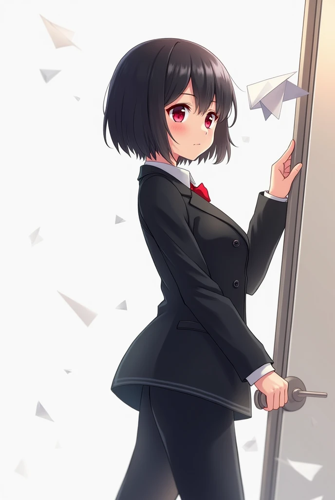 
anime woman in a black business suit with a white shirt ,  black hair bob and red eyes caught a paper plane with her hand,  on a white background, holds the door and goes to the office, perspective,  side view