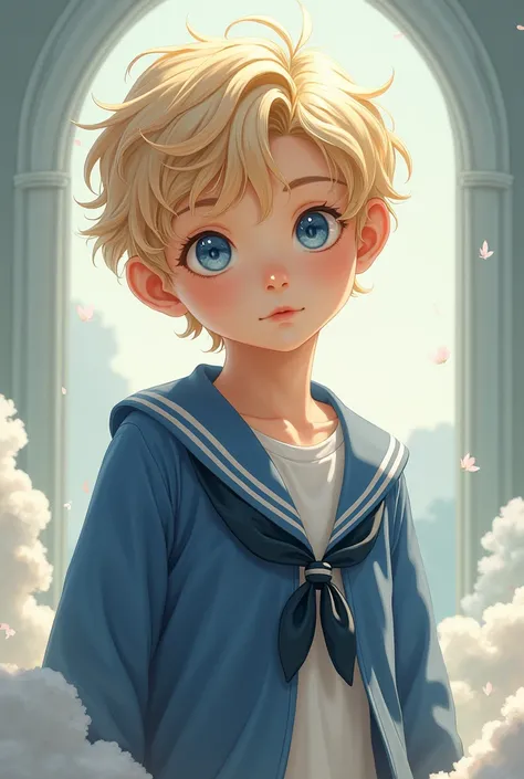  blond boy cut Principe Valiente without a partition  ,  heavenly eyes , Prussian blue sailor suit , Caucasian, upturned nose, rimless , wavy hair