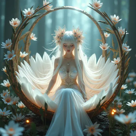 Asian young beautiful woman with long white glowing hair, with metal flowers and leaves in a hair, wearing a long white transparent dress, sitting in a big metal flower in the metal forest