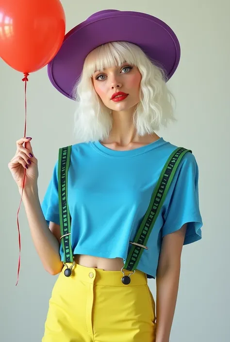   with white hair and a purple hat , with a balloon in her hand ,  blue t-shirt with sleeves with green and black lines, light yellow knee-length shorts 