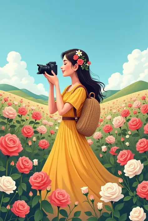 Create a detailed and serene cartoon-style illustration featuring a young woman standing in a vibrant field of blooming roses. She is wearing a flowing yellow dress that contrasts beautifully with the myriad of colorful roses around her. Her face radiates ...