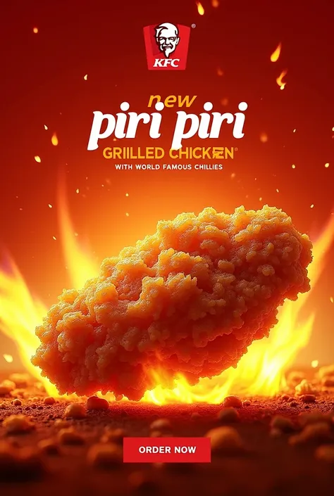 The image is an advertisement for KFCs new Pir Piri Piri Grilled Chicken. The background is red with a fiery orange and yellow color scheme. In the center of the image, there is a large piece of fried chicken that appears to be cooked and has a golden brow...