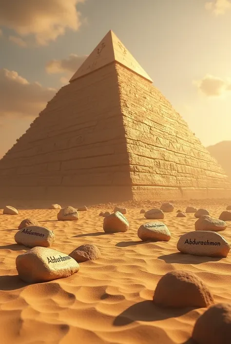 I had stones with the name of Abdurahmon in 3D format embedded in the sand around the pyramid pyramid with the name pyramid inscribed Abdurahmon on the wall of the pyramid