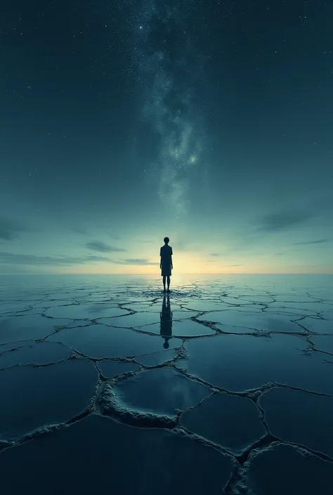 A calm sea that reflects a starry sky ,  but the reflection is cracked like a broken mirror .  In one of the cracks you can see the silhouette of a person looking towards the horizon.