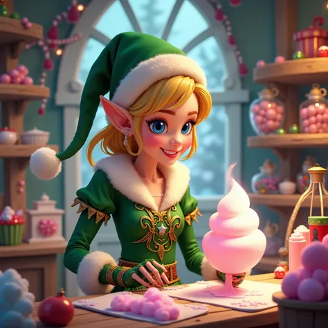 A Christmas elf woman with blonde hair and blue eyes, dressed in a green costume, making cotton candy in a magical workshop. The atmosphere is festive, with twinkling lights, colorful decorations, and a joyful holiday spirit all around. The workshop is fil...