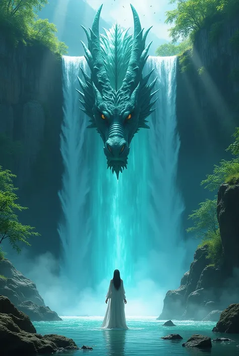 Une cascade dun bleu turquoise doù lon voit apparaître au travers de leau la tête dun dragon qui se dirige au pied de cette cascade une prêtresse asiatique 