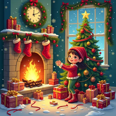 "A vibrant, storytelling front cover capturing the warmth of the holiday season. A cozy girl is carefully placing a star atop a beautifully decorated Christmas tree glowing with lights. Surrounding her are piles of intricately wrapped presents, a roaring f...