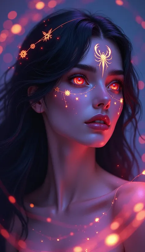 A portrait of a mystical Scorpio woman with hypnotic, glowing crimson eyes. Her skin glows faintly with soft purple and red tones, and delicate scorpion-shaped markings light up her face. Her long, dark hair flows as if caught in an unseen current, surroun...