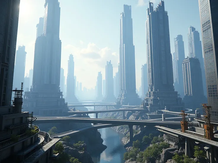 Sci fi City, modern and industrial, high rise, mass effect vibes, photorealistic, at daylight, seen from afar