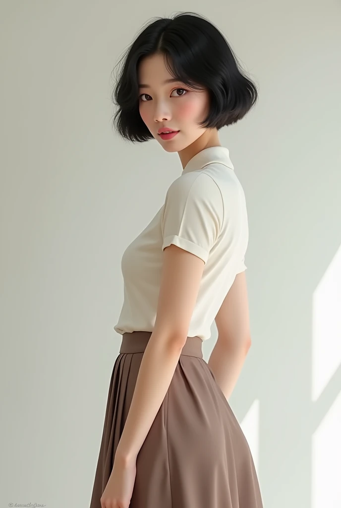 Make an Asian woman realistic, with a skirt, short black hair 