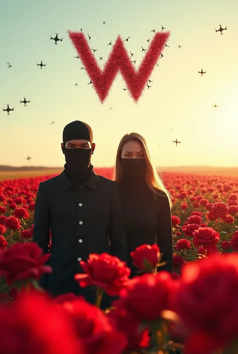 Alan Walker with face coverings and Amai Montero with face coverings, A thousand roses and drones in the shape of a W sunny day