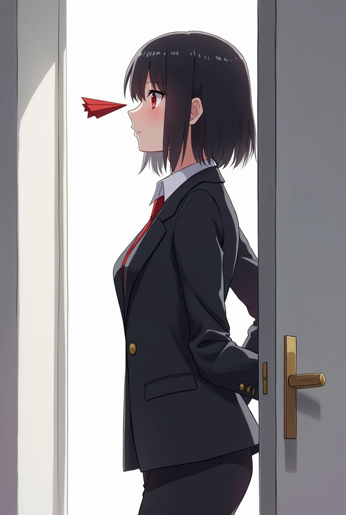 
anime woman in a black business suit with a white shirt ,  black hair and red eyes a paper plane hits her face,  on a white background, she holds the door and enters the office ,   side view