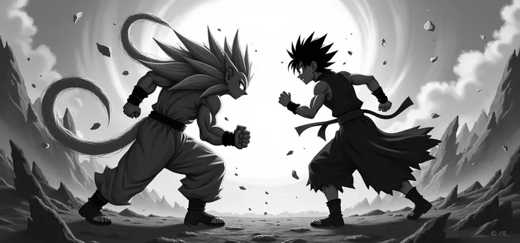 Goku level 4 vs Sasuke anime in black and white to vectorize